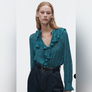 Zara Ruffle Jacquard Shirt Blouse Duck Green Size L NWT